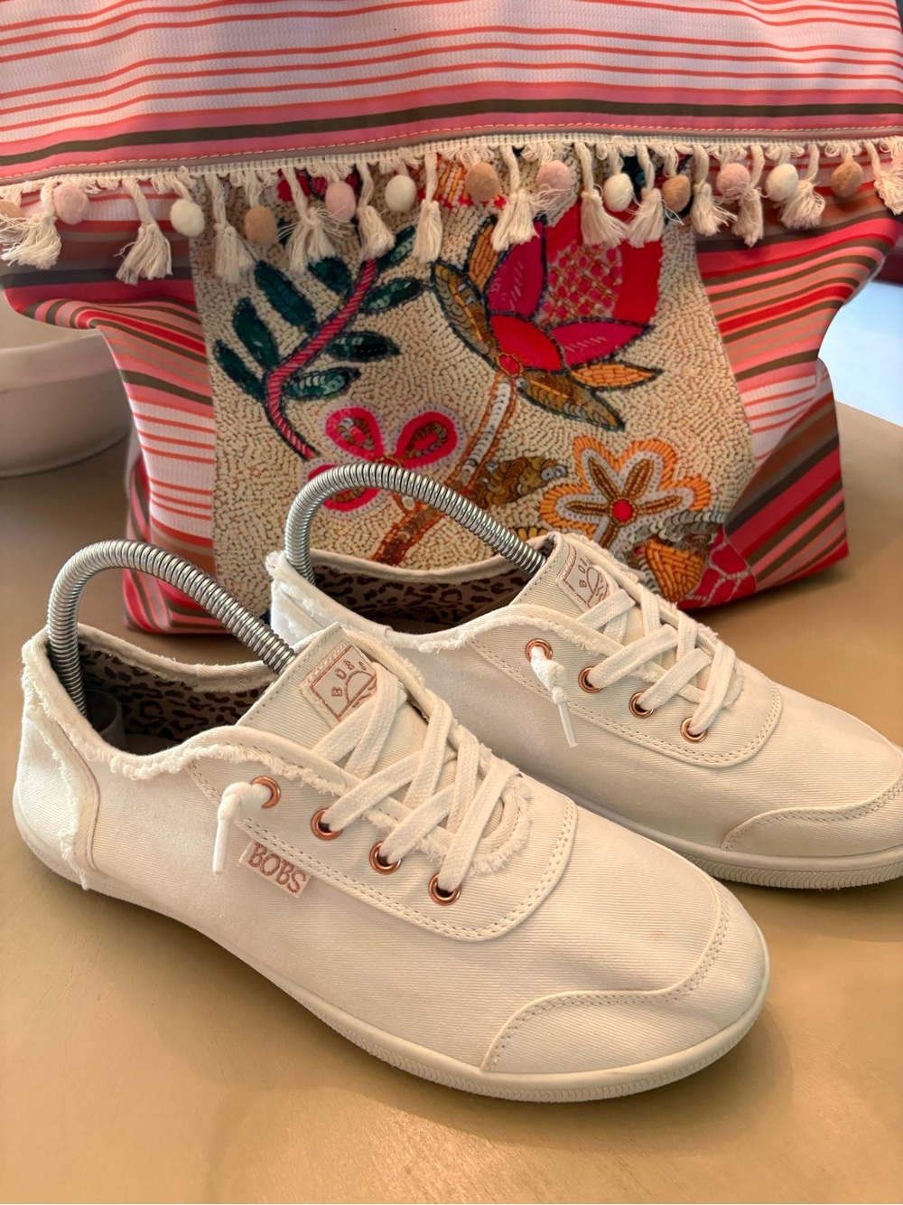 Skechers BOBS White Canvas Lace-Up Sneakers with Rose Gold Eyelets - Picture 3 of 11